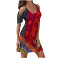 thumbnail image 1 of cocolona Women 2024 Summer Boho Dress Fashion Casual Floral Printing Crew Neck Cold Shoulder Pleated Mini Sundress, 1 of 4