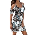 thumbnail image 1 of cocolona Women 2024 Summer Boho Dress Fashion Casual Floral Printing Crew Neck Cold Shoulder Pleated Mini Sundress, 1 of 4