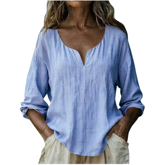 cocolona Women Linen Shirts Summer Long Sleeve V Neck Button Tops Vintage Casual Loose Blouses
