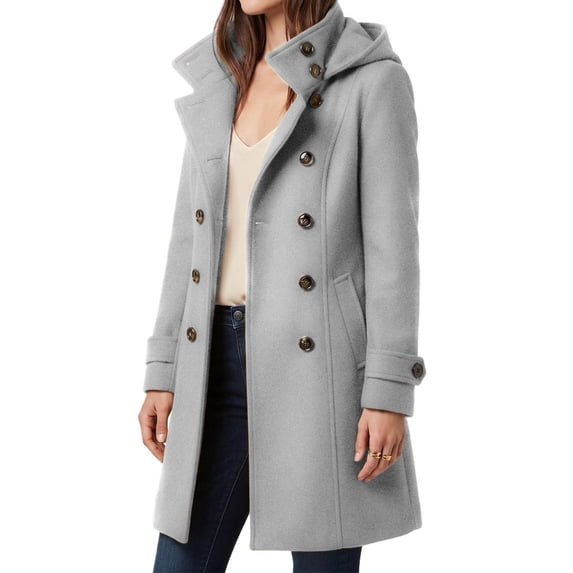 cocolona Women Winter Coats Casual Stand Collar Hooded Double Breasted Overcoat Trency Casual Long Pea Coats