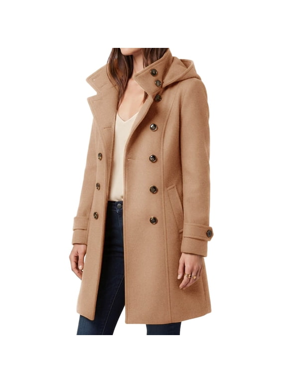 Women Winter Coats Casual Stand Collar Hooded Double Breasted Overcoat Trency Casual Long Pea Coats