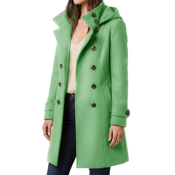 cocolona Women Winter Coats Casual Stand Collar Hooded Double Breasted Overcoat Trency Casual Long Pea Coats