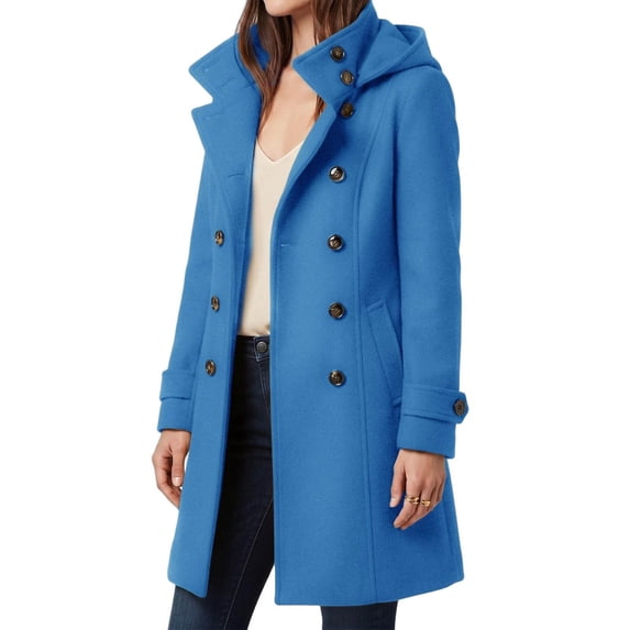 cocolona Women Winter Coats Casual Stand Collar Hooded Double Breasted Overcoat Trency Casual Long Pea Coats