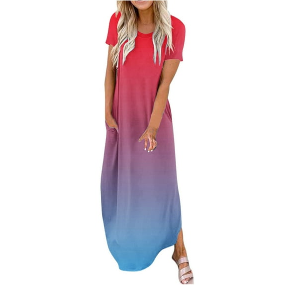 cocolona Women's 2024 Summer Maxi Dress Fashion Casual Crew Neck Short Sleeve Pleated Flowy Holiday Beach Long Dress with Pockets on Clearance