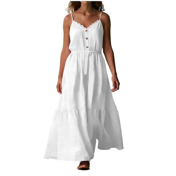 cocolona Women's Cami Long Maxi Dress Button Lace V Neck Ruffle Flowy Sundress Casual Loose Beach Dress