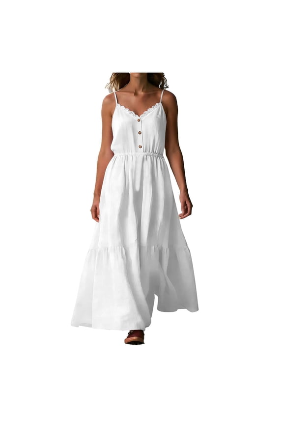 Women's Cami Long Maxi Dress Button Lace V Neck Ruffle Flowy Sundress Casual Loose Beach Dress
