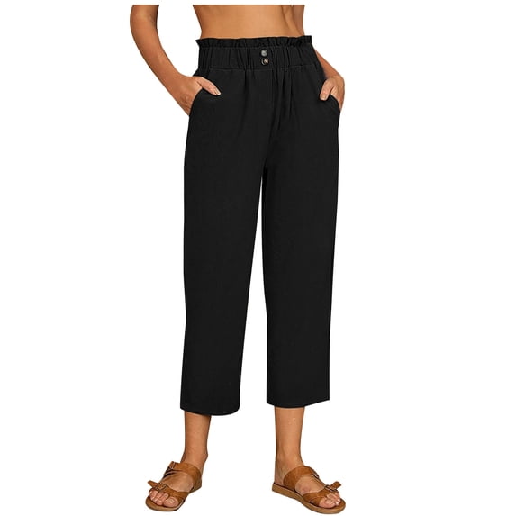 cocolona Women's Capri Pants with Pocket Summer Solid Color Casual Linen Pants Straight Elastic Waist Wide-leg Cropped Trousers
