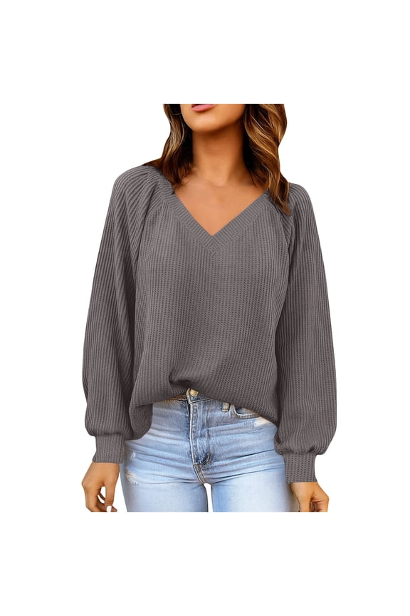 Women's Casual V-neck Long-sleeved Pullover Sweatshirt Fashion Solid Color Tunic Tops Loose Textured Shirts Blouses