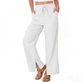 thumbnail image 1 of cocolona Women's Summer Casual Wide Leg Linen Pants Elastic Waist Straight Split Leg Vacation Trousers with Pocket, 1 of 5