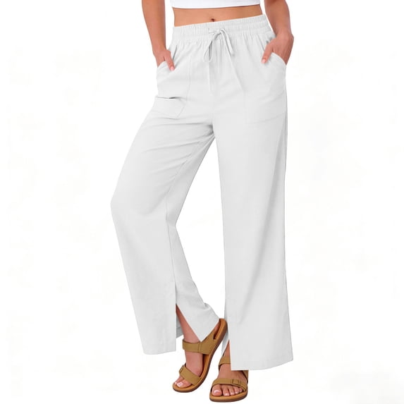 cocolona Women's Summer Casual Wide Leg Linen Pants Elastic Waist Straight Split Leg Vacation Trousers with Pocket