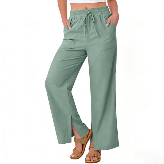 cocolona Women's Summer Casual Wide Leg Linen Pants Elastic Waist Straight Split Leg Vacation Trousers with Pocket