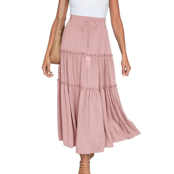 cocolona Women's Summer Elastic Waist Ruffle Flowy Beach Casual Maxi Skirt
