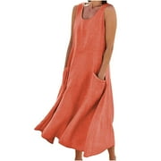 cocolona Women's Summer Linen Dress Sleeveless Casual Loose Tank Midi Dress Beach Sundress with Pockets on Clearance