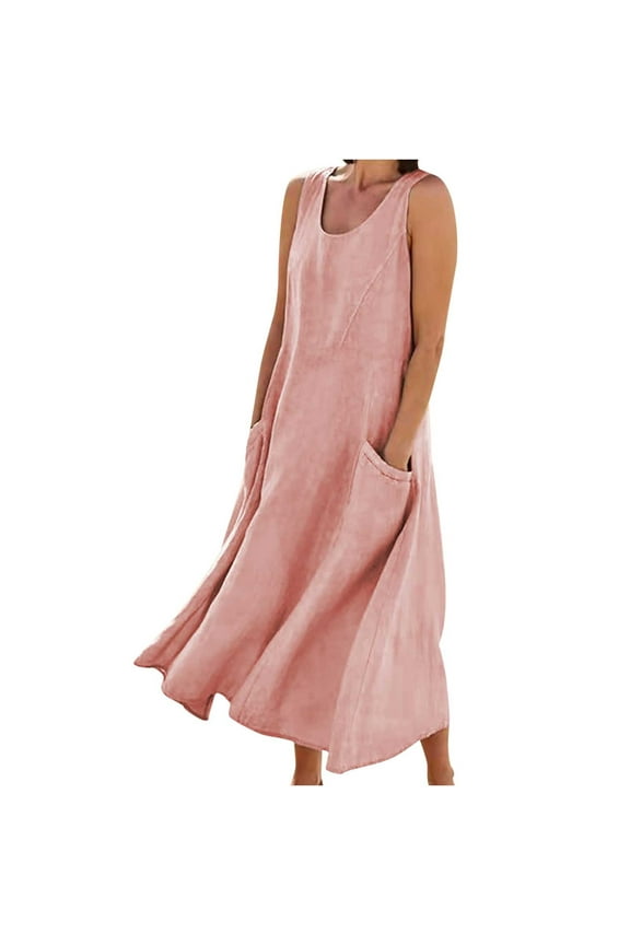 Women's Summer Linen Dress Sleeveless Casual Loose Tank Midi Dress Beach Sundress with Pockets