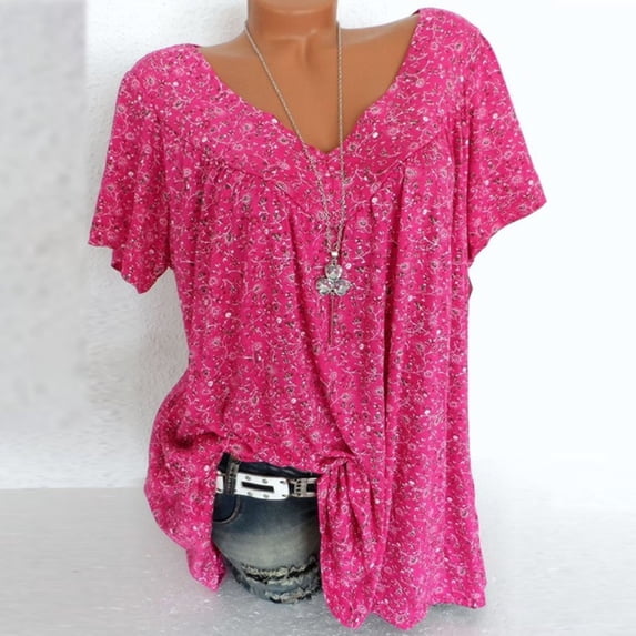 cocolona Women's Summer Plus Size Tops V Neck Short Sleeve Printed Pleated Shirts Casual Loose T Shirts Tunics Blouses on Clearance