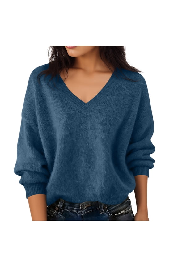 Women's V-Neck Knit Sweater Fall Winter Soft Warm Long Sleeve Shirts Fashion Casual Loose Pullover Tops