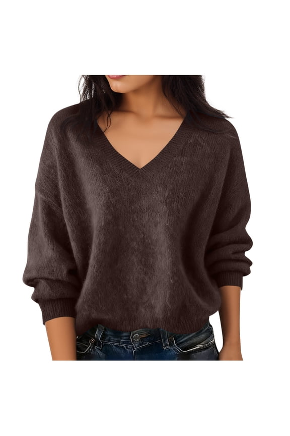 Women's V-Neck Knit Sweater Fall Winter Soft Warm Long Sleeve Shirts Fashion Casual Loose Pullover Tops