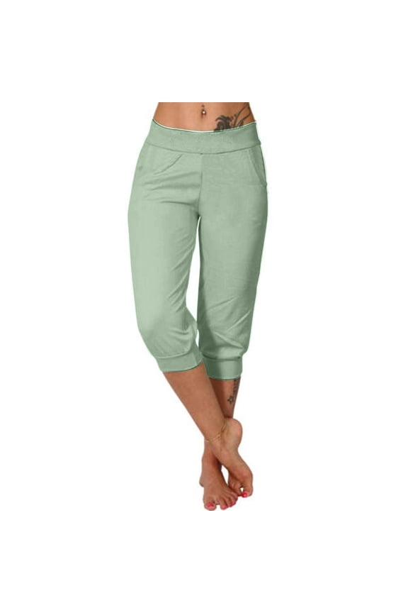 Women's Yoga Capris Pants Summer Solid Color Casual Loose Slim-Leg Workout Croped Pants with Pockets