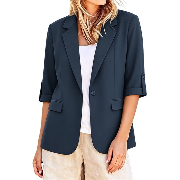 cocolona Womens 3/4 Sleeve Blazers Dressy Casual Open Front Business Solid Color Jacket With Roll Tab Cuffs And Pockets