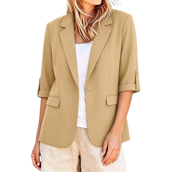 cocolona Womens 3/4 Sleeve Blazers Dressy Casual Open Front Business Solid Color Jacket With Roll Tab Cuffs And Pockets
