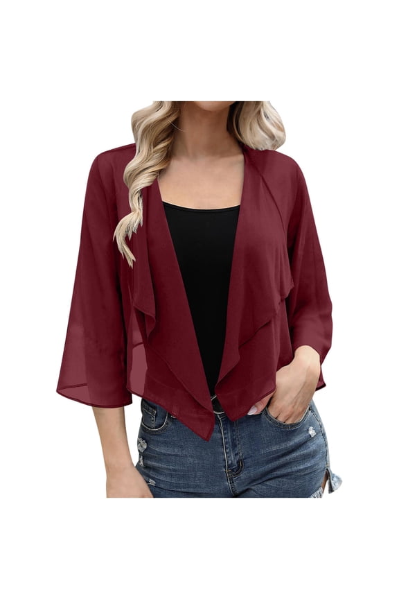 Womens 3/4 Sleeve Chiffon Cardigan Lightweight Breathable Cropped Cardigan Fashion Casual Elegant Jackets