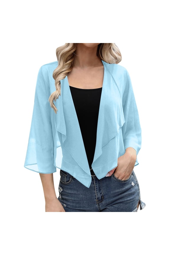 Womens 3/4 Sleeve Chiffon Cardigan Lightweight Breathable Cropped Cardigan Fashion Casual Elegant Jackets