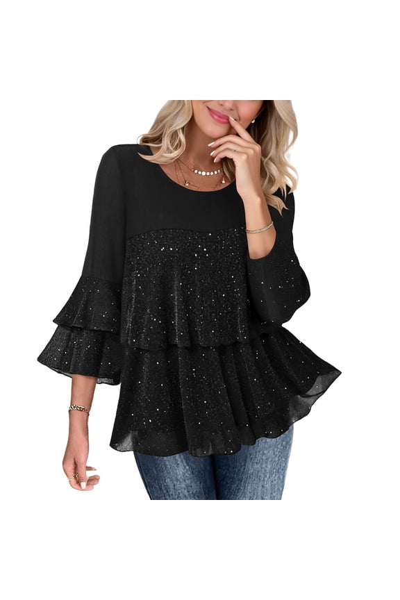 Womens 3/4 Sleeve Ruffle Sequin Tops Dressy Casual Elegant Blouses Crew Neck Sparkly Flowy Shirts Evening Party Tunic Tops