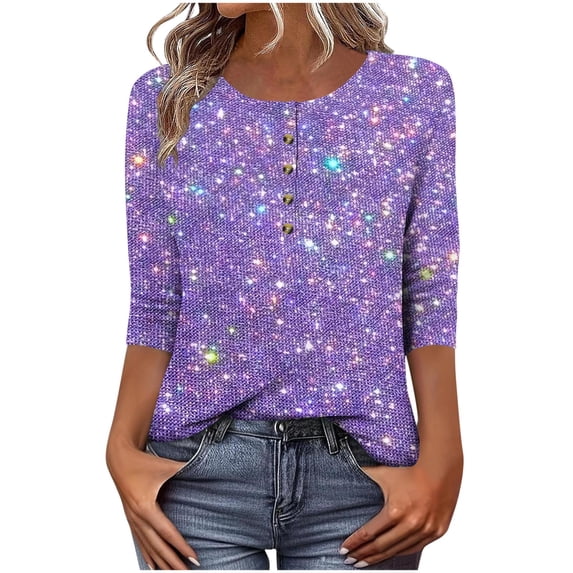 cocolona Womens 3/4 Sleeve Sequin Tops Button Crew Neck Sparkly Shirts Dressy Casual Blouses Loose Lightweight Tees