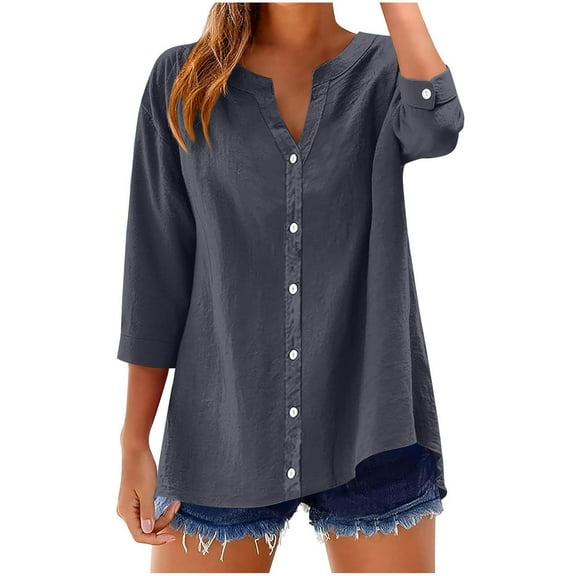 cocolona Womens 3/4 Sleeve Shirts Trendy Button V Neck Tops Dressy Casual Blouse Solid Color Loose Lightweight Tops