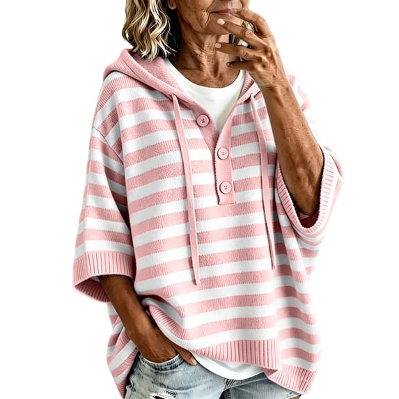 cocolona Womens 3/4 Sleeve Striped Sweater Hooded Drawstring Pullover Casual Fall Knit Tops