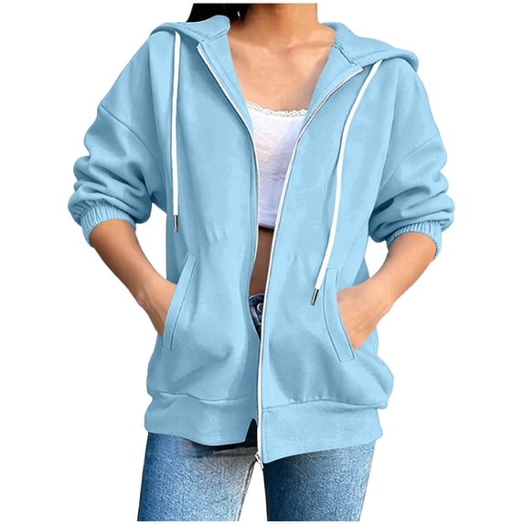 cocolona Womens 3/4 Sleeve Sweatshirts Hoodie Drawstring Zipper Loose Jacket Trendy Casual Solid Color Tops with Pockets