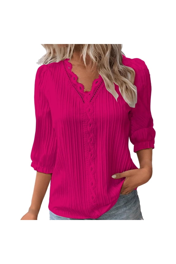 Womens 3/4 Sleeve Tops Dressy Casual Business Work Blouses V Neck Lace Floral Patchwork Office Shirts Spring Summer Fashion Tops