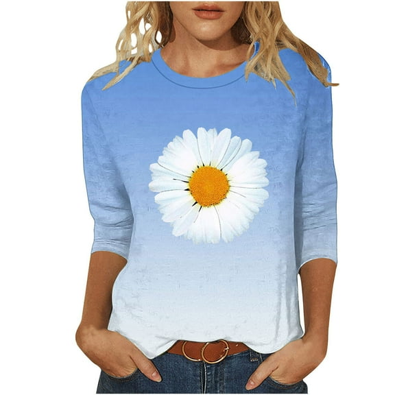 cocolona Womens 3/4 Sleeve Tops Fashion Floral Print Crew Neck Shirts Summer Casual Loose Blouse
