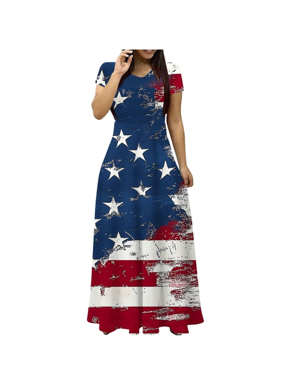 Womens 4th of July Maxi Dress 2025 Independence Day America Flag Print Patriotic Long Dress Summer Crew Neck Short Sleeve Pleated Flowy Sun Dress