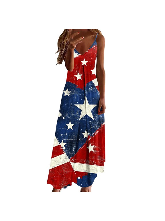 Womens 4th of July Patriotic Long Dress Summer Sleeveless V Neck Independence Day Print Maxi Dress Holiday Vacation Beach Sundress