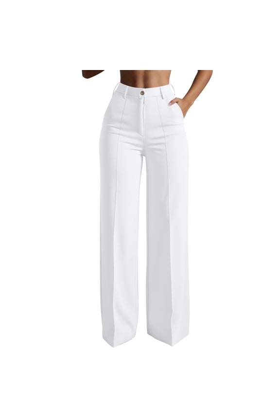 Womens A-line High Waist Dress Pants Button Zipper Waist Straight Wide Leg Work Pants Summer Casual Business Pants with Pockets