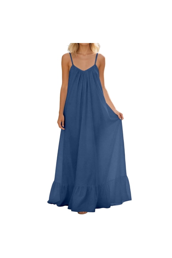 Womens Backless Cami Maxi Dress Summer Ruffle Flowy Long Dress Fashion Casual Loose Vacation Beach Sundress