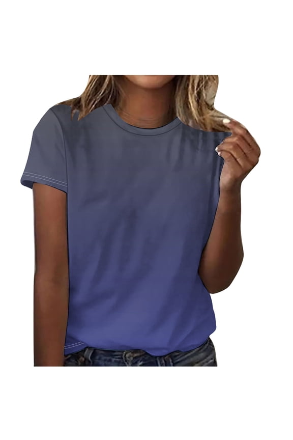 Womens Basic Cotton T-shirts Summer Crew Neck Short Sleeve Tops Fashion Casual Gradient Color Tees Blouses