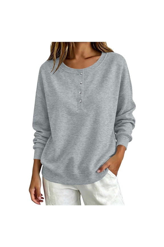 Womens Basic Solid Color Crew Neck Button Sweatshirts Casual Loose Long Sleeve Fall Pullover Tops