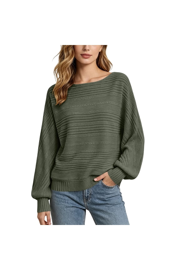 Womens Batwing Sleeve Tops Crew Neck Striped Knitted Pullover Shirts Solid Color Loose Sweater