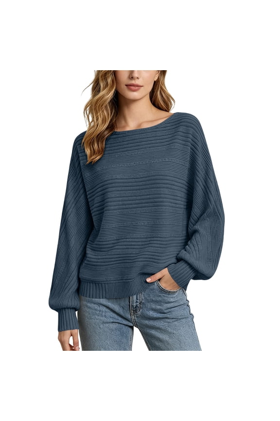 Womens Batwing Sleeve Tops Crew Neck Striped Knitted Pullover Shirts Solid Color Loose Sweater
