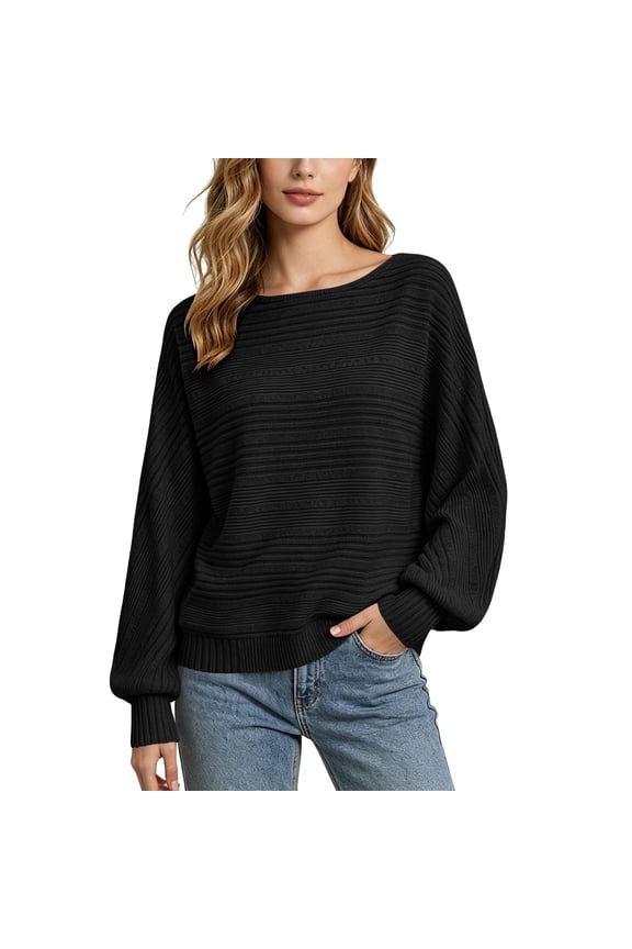 Womens Batwing Sleeve Tops Crew Neck Striped Knitted Pullover Shirts Solid Color Loose Sweater