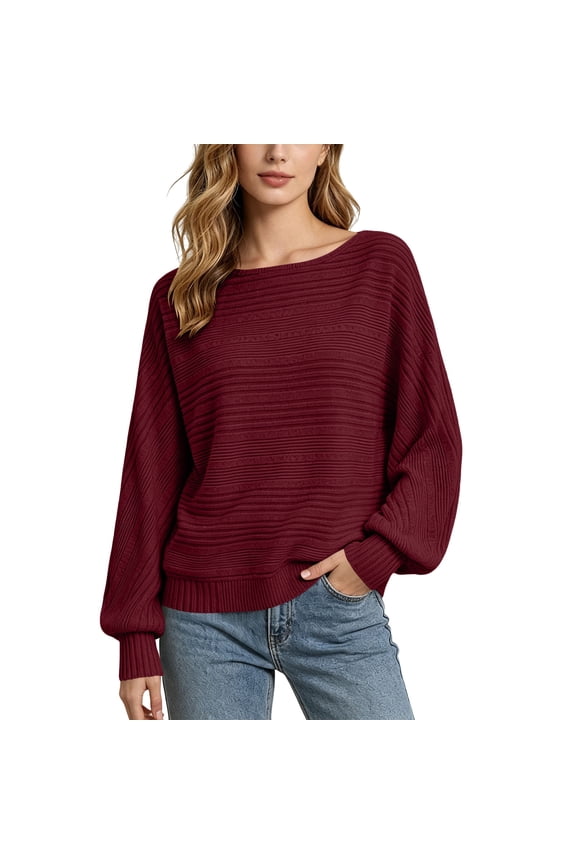 Womens Batwing Sleeve Tops Crew Neck Striped Knitted Pullover Shirts Solid Color Loose Sweater