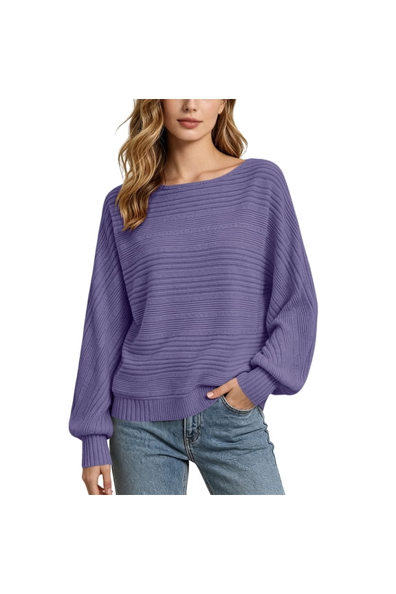 Womens Batwing Sleeve Tops Crew Neck Striped Knitted Pullover Shirts Solid Color Loose Sweater