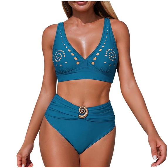 cocolona Womens Bikini Sets Fashion Solid Color V Neck Two Piece Bathing Suits Vacation Beach Sports Swimwear