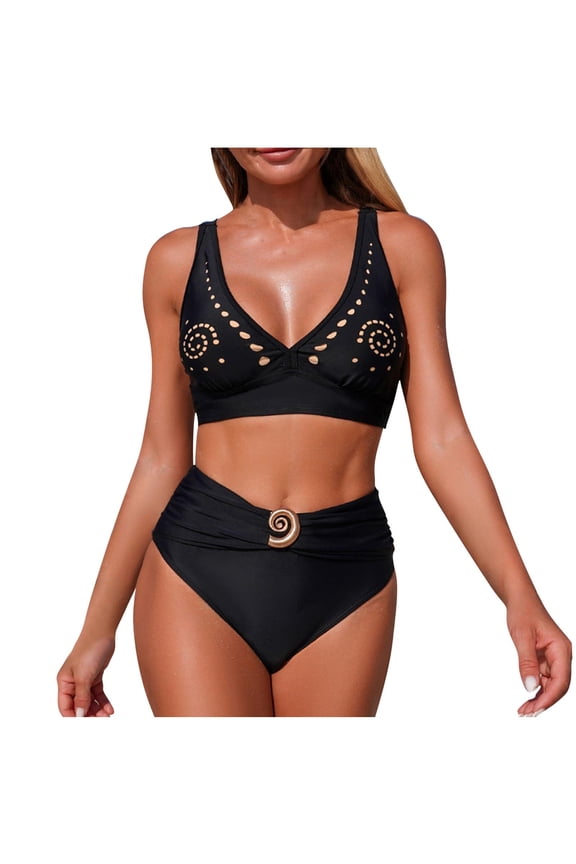Womens Bikini Sets Fashion Solid Color V Neck Two Piece Bathing Suits Vacation Beach Sports Swimwear