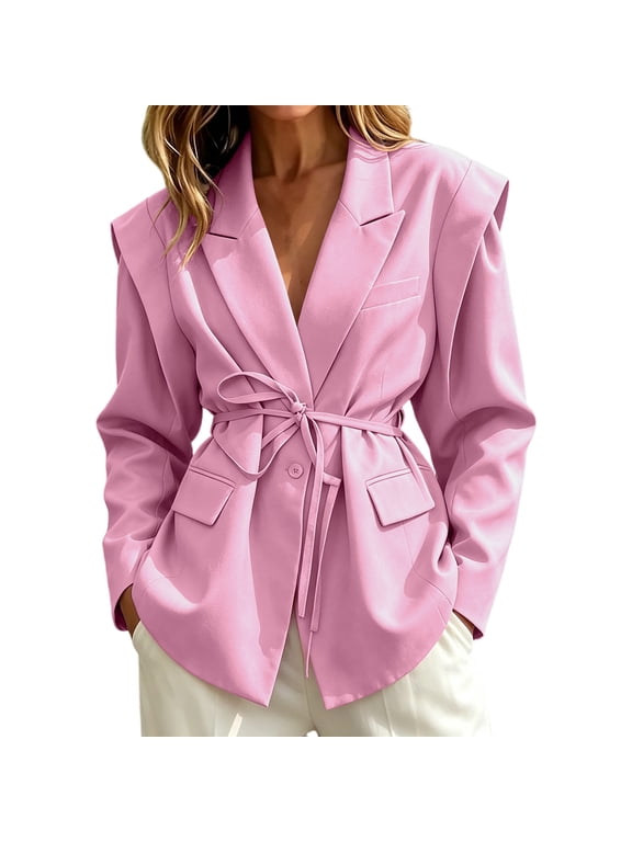 Womens Blazers Trendy Casual Long Sleeve Waists Tie Slim Suit Jacket Solid Color for Work Office Outfits