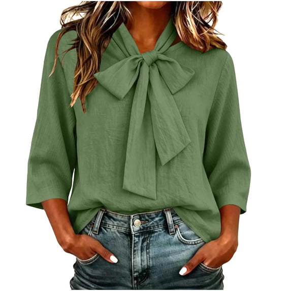 cocolona Womens Bow Tie Blouses Solid Color 3/4 Sleeve Shirts Trendy Casual Loose Tops