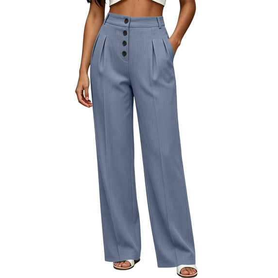 cocolona Womens Business Casual Dress Pants Elastic Button Waist Straight Wide Leg Commute Work Pants with Pockets