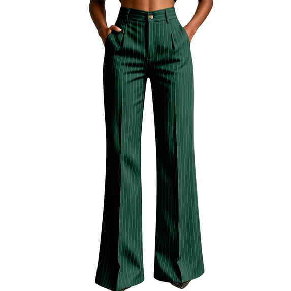cocolona Womens Business Casual High Waist Dress Pants Elastic Waist Straight Wide Leg Commute Striped Pants with Pockets